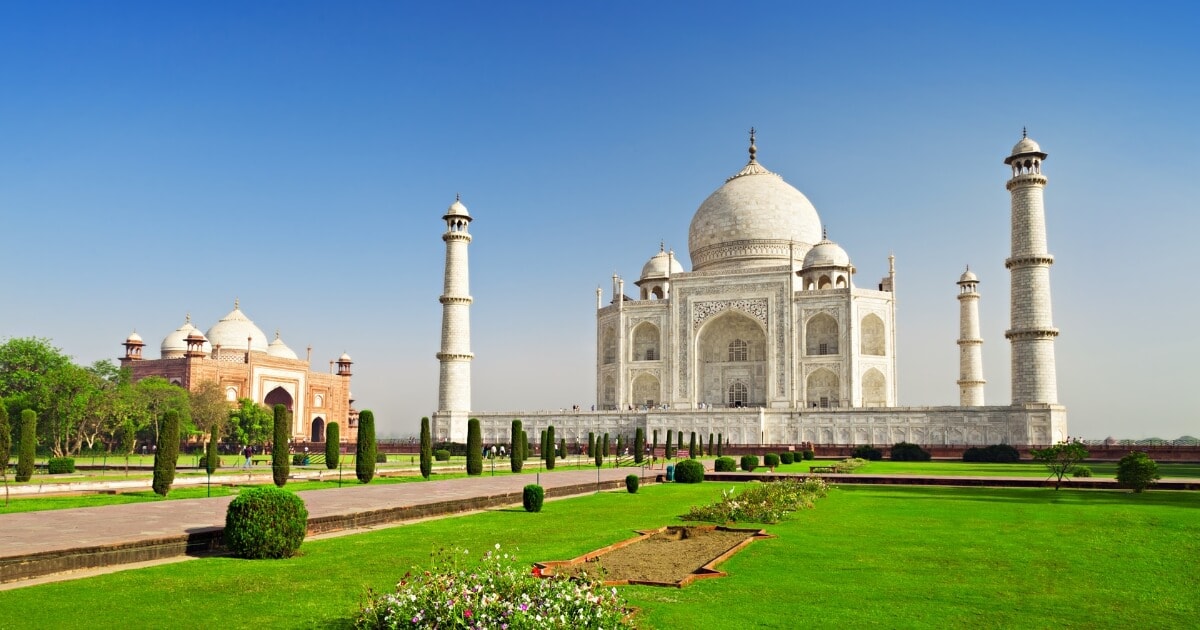 Taj Mahal viewed from the landscaped Mughal garden in Agra