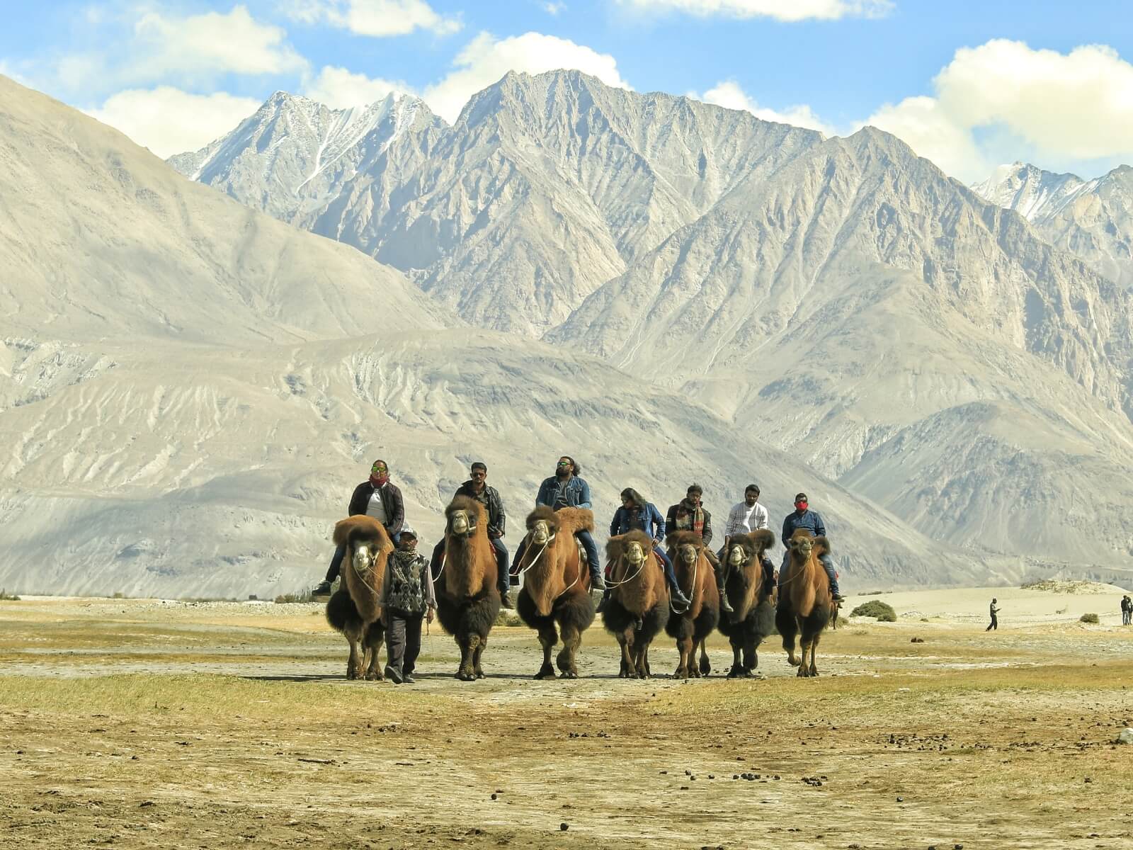 A group of travelers riding double-humped Bactrian camels across a vast, high-altitude desert against a backdrop of rugged, towering mountains—an exciting excursion often featured in North India Adventure Tour Packages.