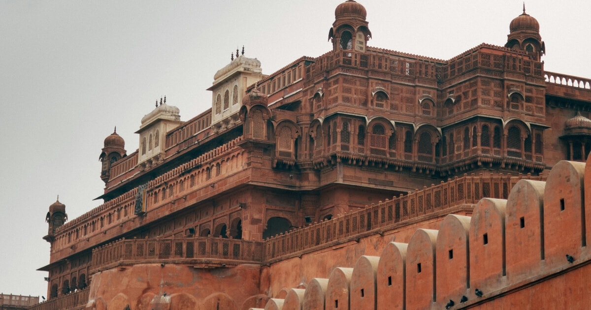 Junagarh Fort in Bikaner featuring magnificent red sandstone architecture, ornate balconies and traditional Rajput design