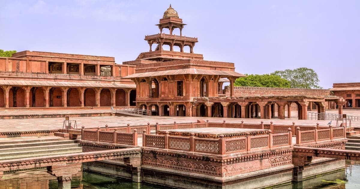 Historic Mughal courtyard and red sandstone architecture at Fatehpur Sikri near Agra