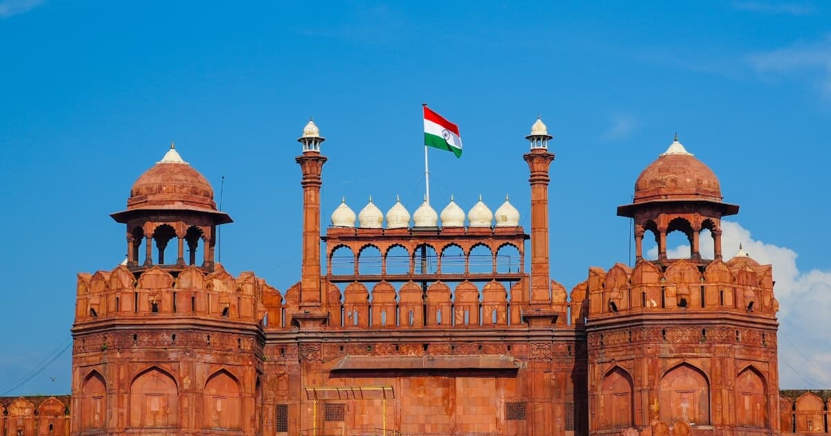 Historic Red Fort in Delhi with its Mughal red sandstone architecture
