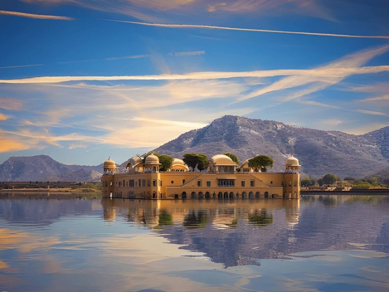 Jal Mahal palace surrounded by water with Aravalli hills near Jaipur Rajasthan