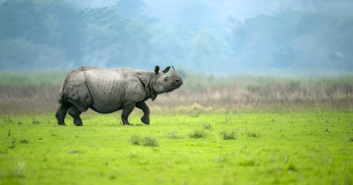 A majestic male greater one-horned rhino walking alertly across a vibrant green meadow against a hazy backdrop in the Burapahar range of Kaziranga National Park, Assam, India.